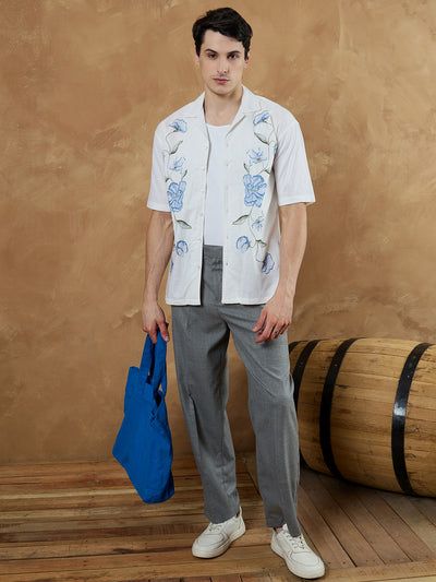 Off White & Blue: Placement Printed Shirt