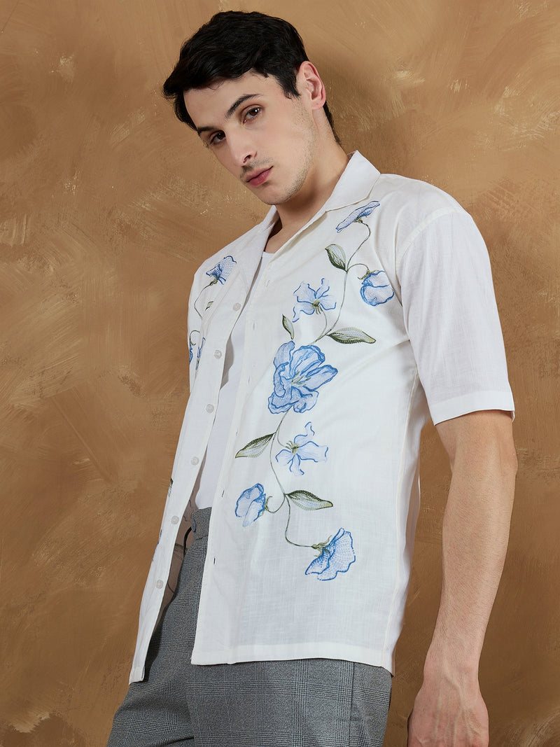 Off White & Blue: Placement Printed Shirt