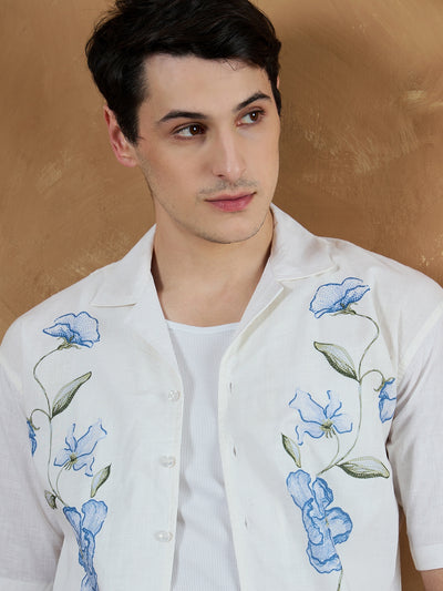 Off White & Blue: Placement Printed Shirt
