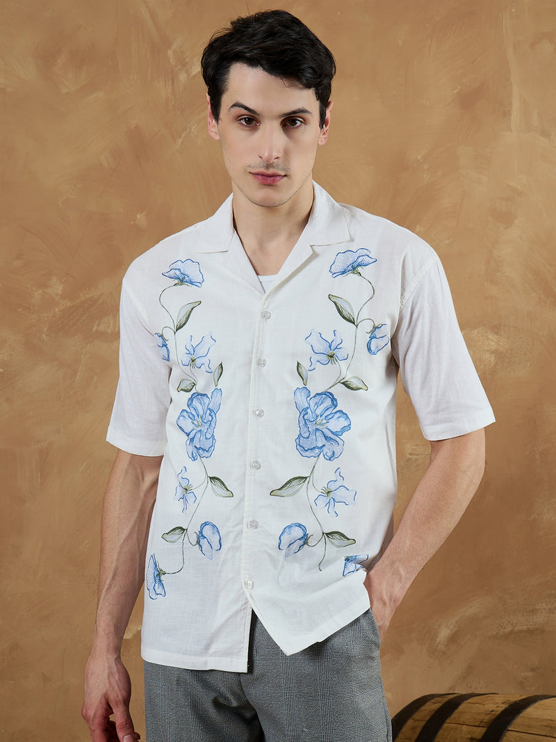 Off White & Blue: Placement Printed Shirt