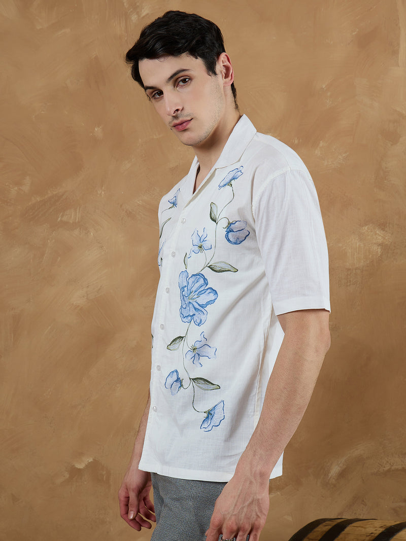 Off White & Blue: Placement Printed Shirt