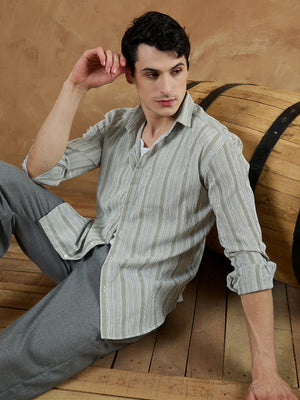 Olive Green & White: Striped Oversized Casual Shirt