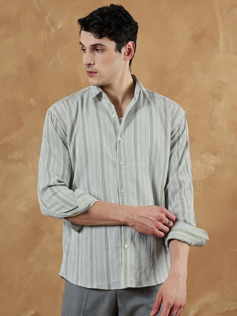 Olive Green & White: Striped Oversized Casual Shirt