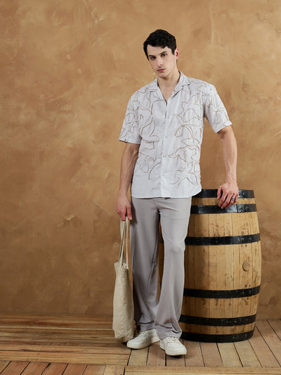 Beige & Brown: Half Sleeves Embroidered Shirt