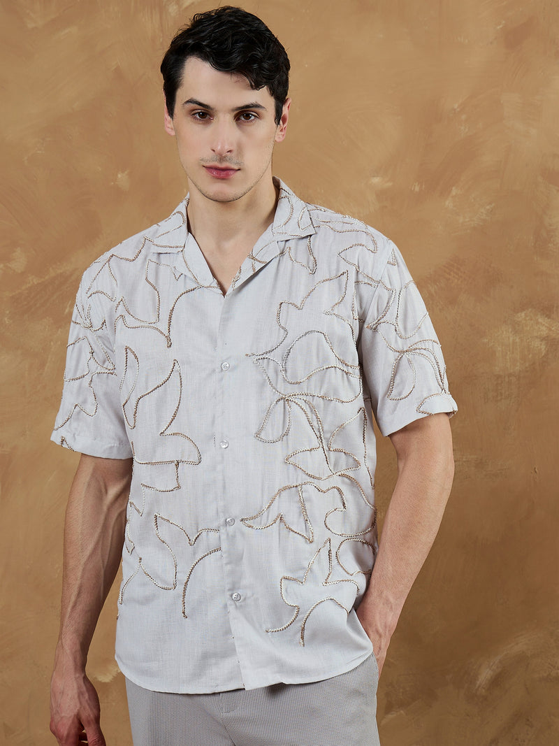Beige & Brown: Half Sleeves Embroidered Shirt