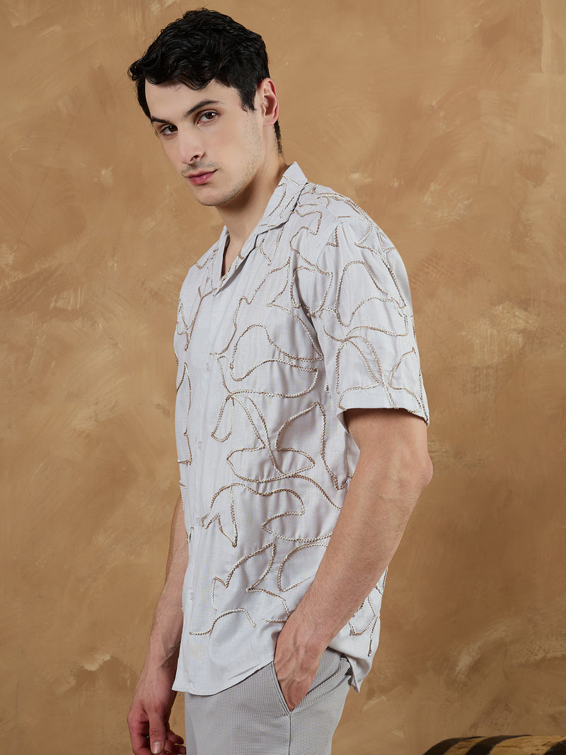 Beige & Brown: Half Sleeves Embroidered Shirt