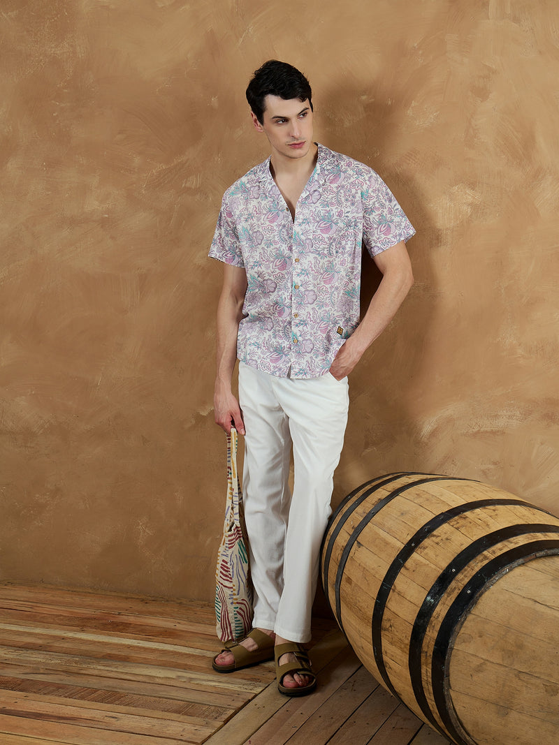White: Half Sleeves Block Printed Shirt