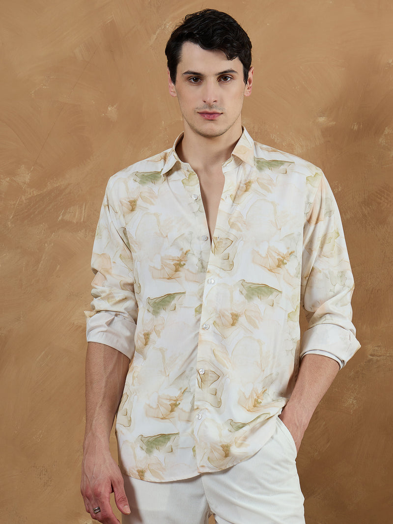 Cream & Brown: Marble Printed Shirt