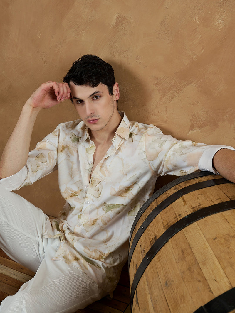 Cream & Brown: Marble Printed Shirt
