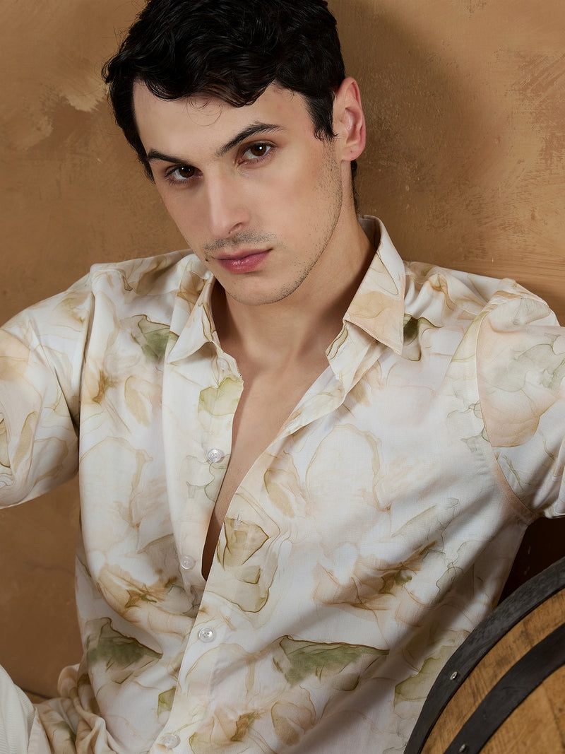 Cream & Brown: Marble Printed Shirt