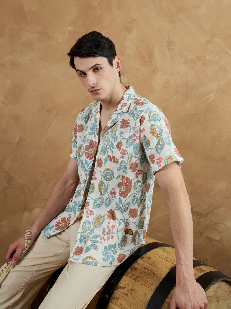 White: Half Sleeves Block Printed Shirt