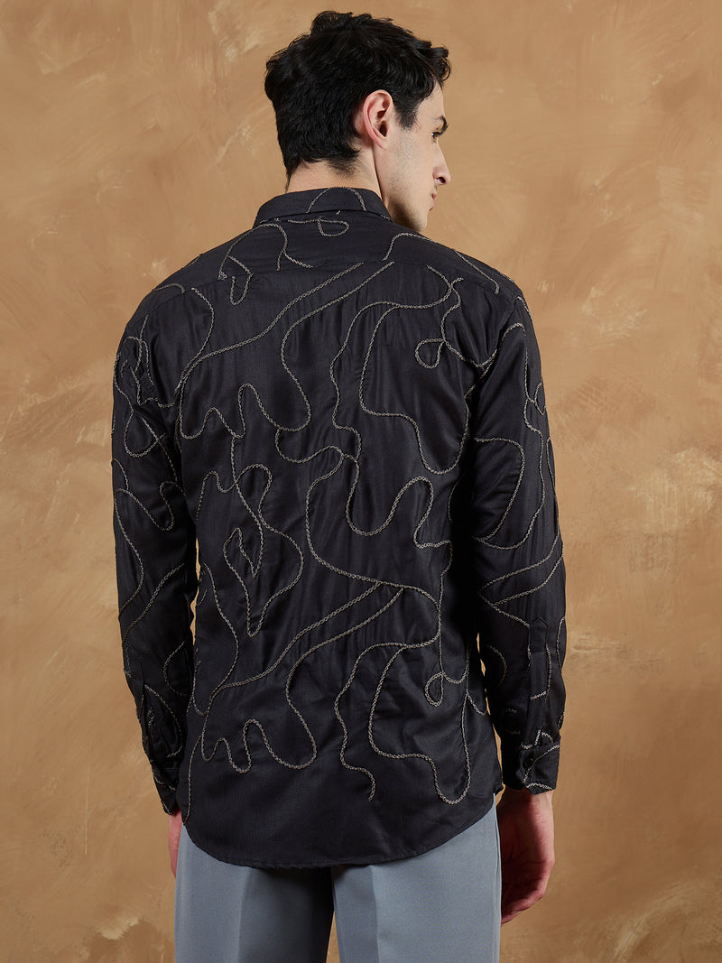 Black & Grey: Full Sleeves Embroidered Shirt