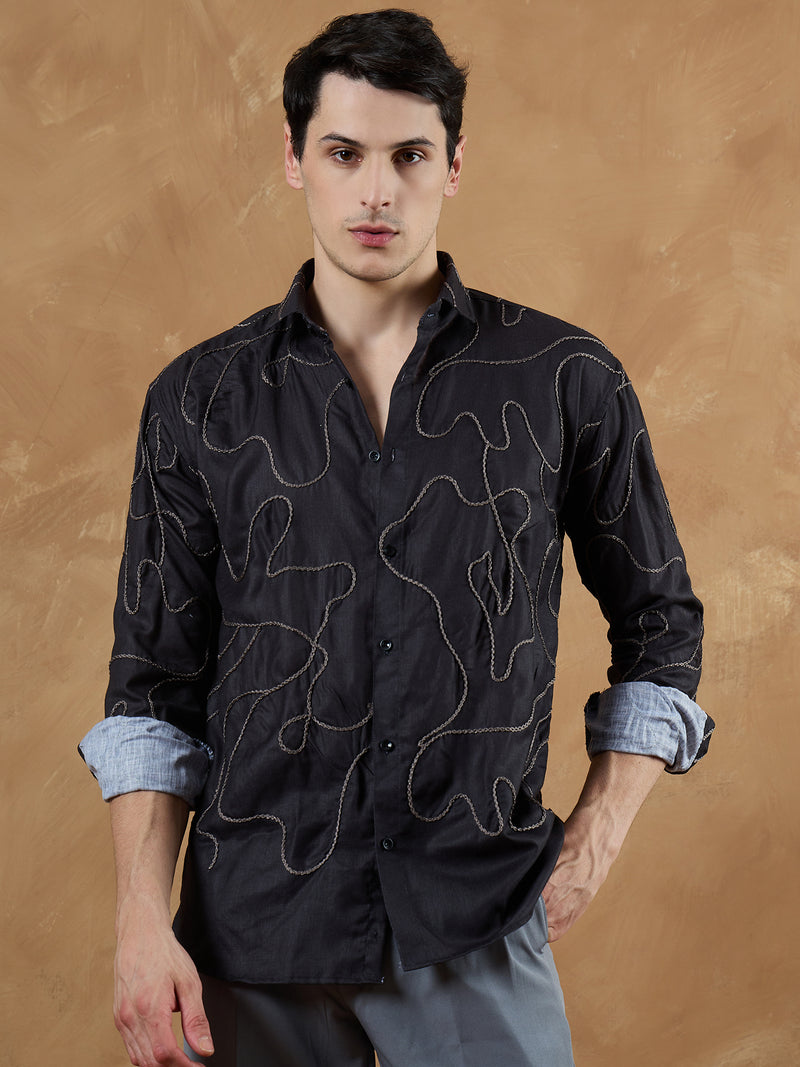 Black & Grey: Full Sleeves Embroidered Shirt