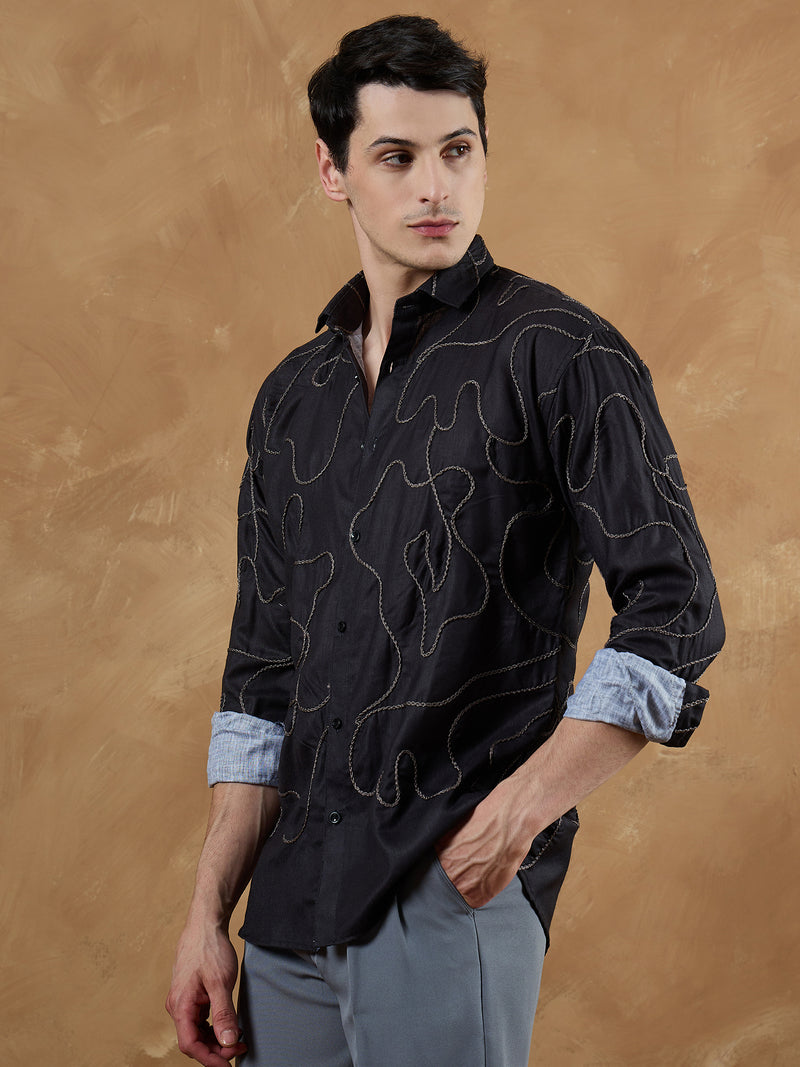 Black & Grey: Full Sleeves Embroidered Shirt