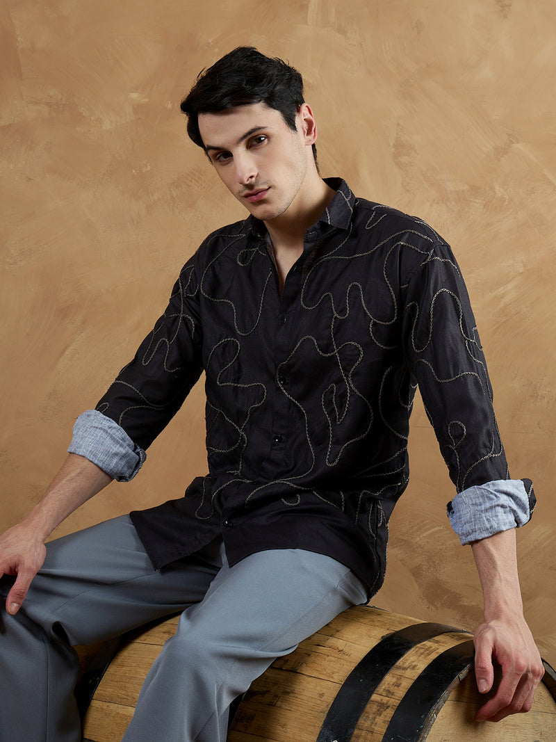 Black & Grey: Full Sleeves Embroidered Shirt