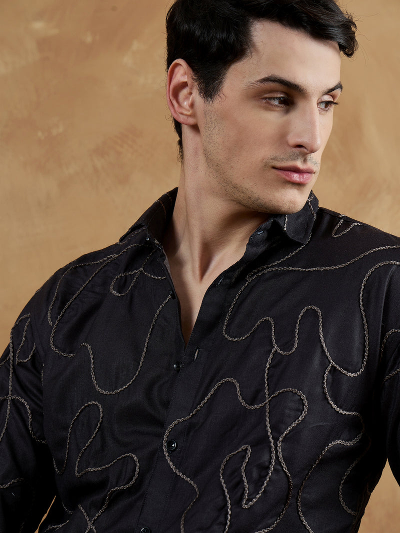 Black & Grey: Full Sleeves Embroidered Shirt