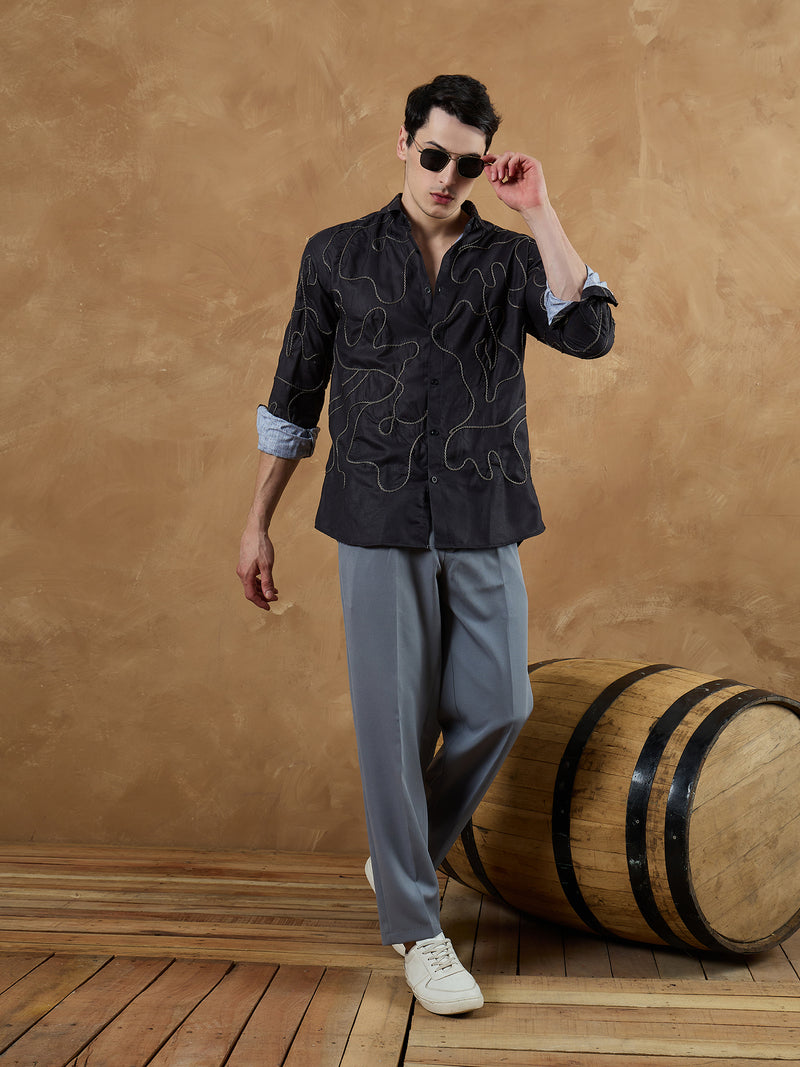 Black & Grey: Full Sleeves Embroidered Shirt