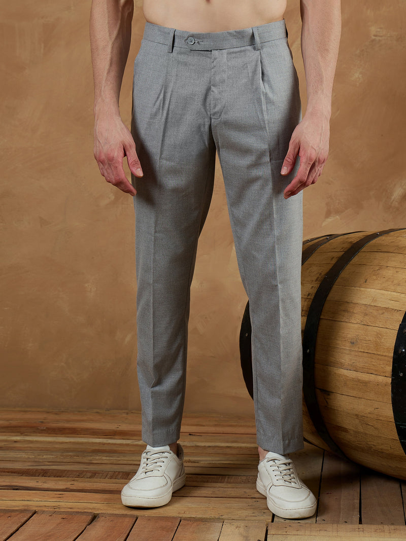 Light Grey: Tapered Fit Pleated Trousers