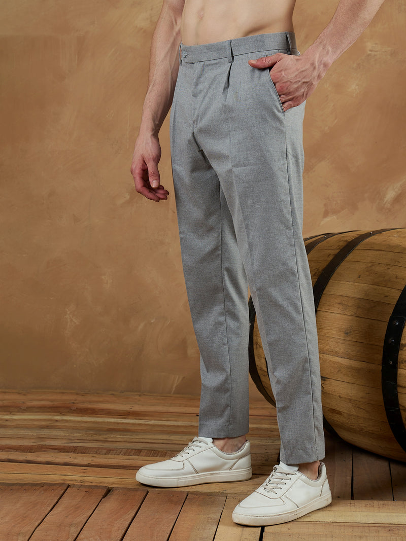 Light Grey: Tapered Fit Pleated Trousers