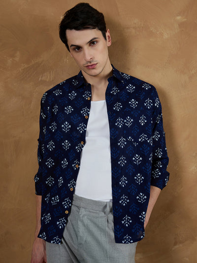 Blue: Full Sleeves Block Printed Shirt