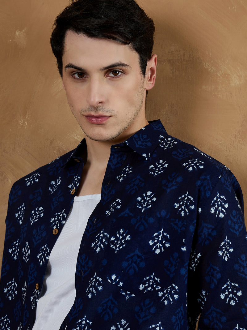 Blue: Full Sleeves Block Printed Shirt