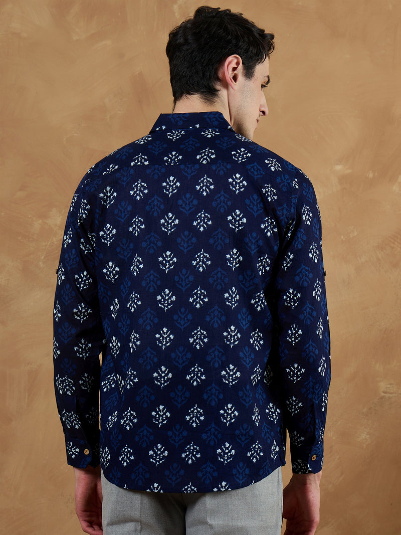 Blue: Full Sleeves Block Printed Shirt