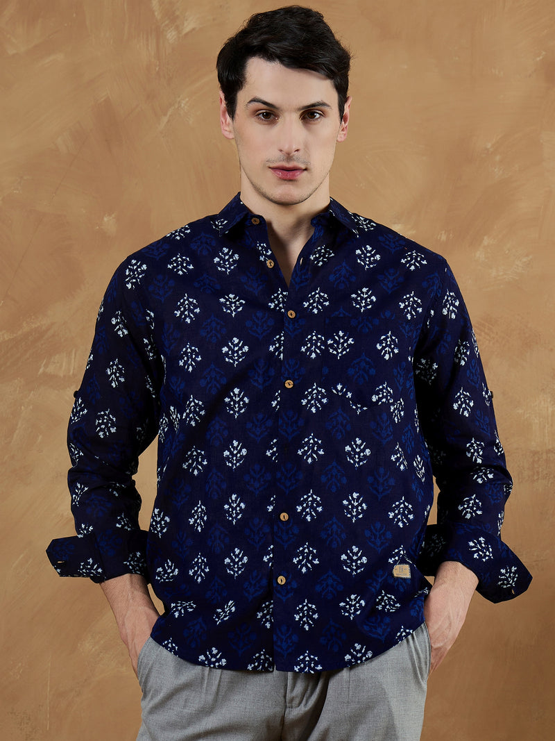 Blue: Full Sleeves Block Printed Shirt