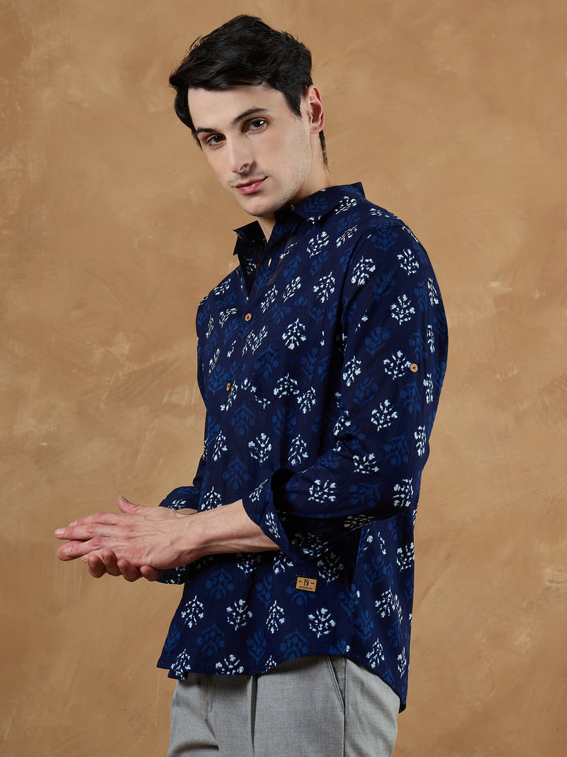 Blue: Full Sleeves Block Printed Shirt