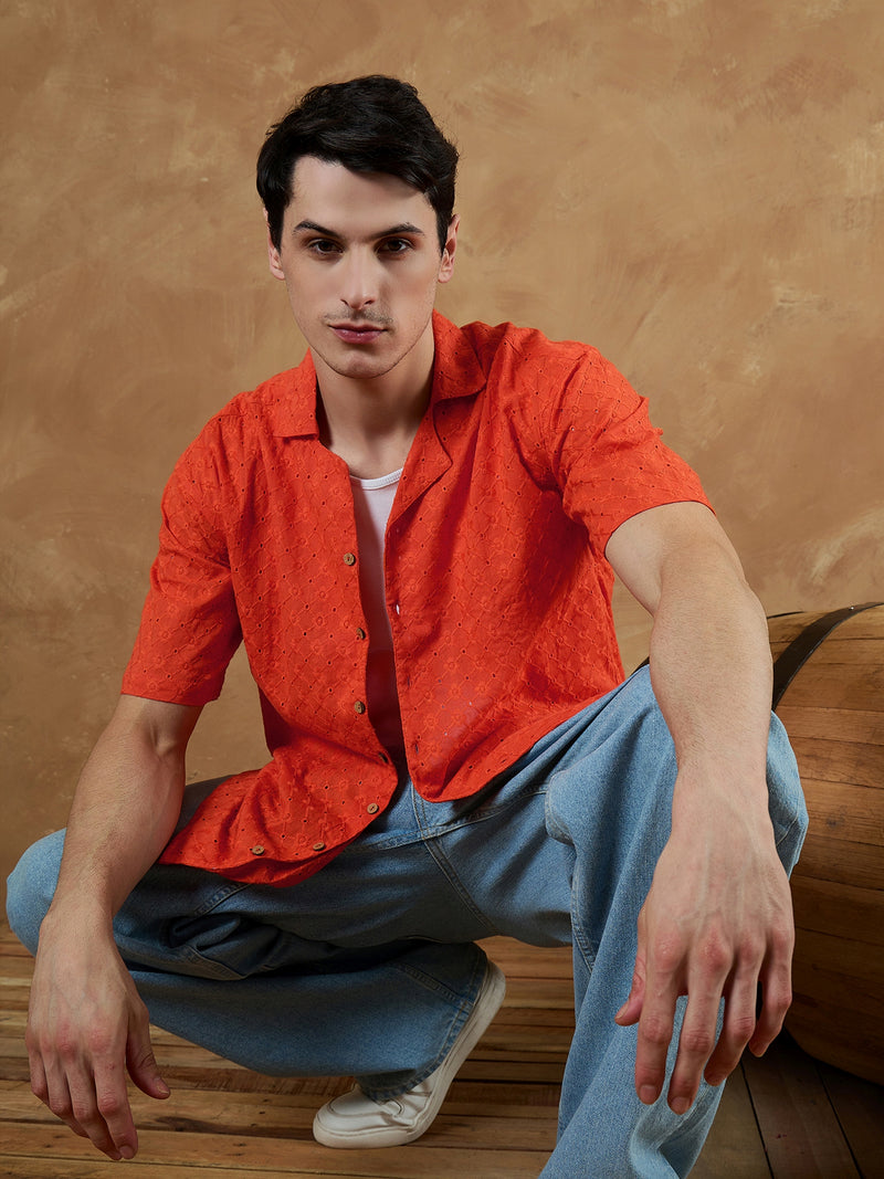 Orange: Half Sleeves Schiffli Oversized Shirt