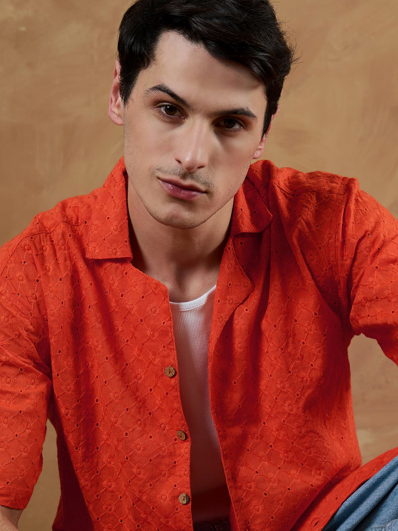 Orange: Half Sleeves Schiffli Oversized Shirt