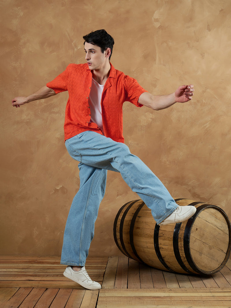Orange: Half Sleeves Schiffli Oversized Shirt