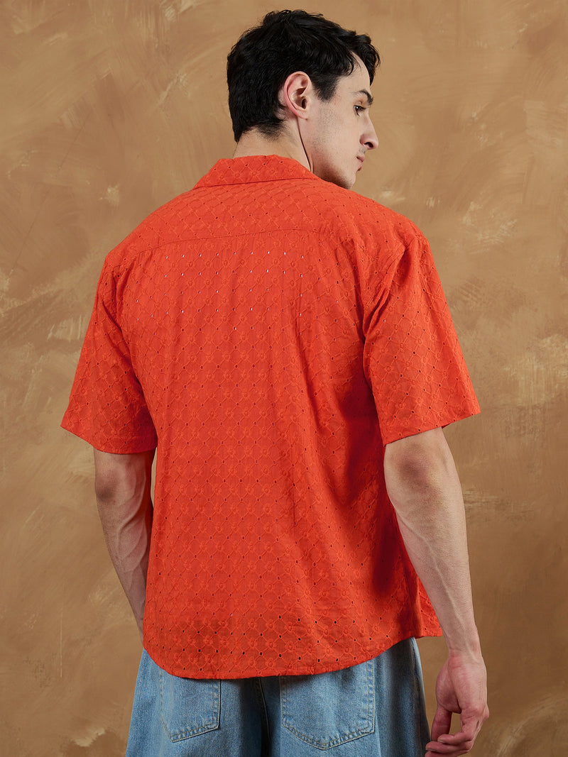 Orange: Half Sleeves Schiffli Oversized Shirt