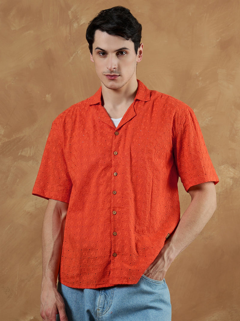 Orange: Half Sleeves Schiffli Oversized Shirt
