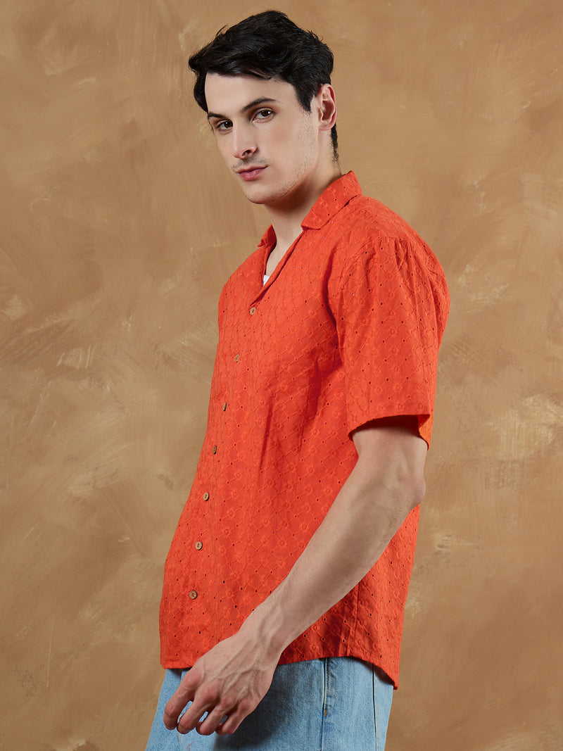 Orange: Half Sleeves Schiffli Oversized Shirt