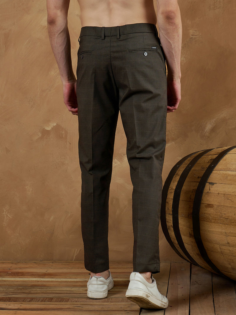 Brown: Checkered Self design Trouser