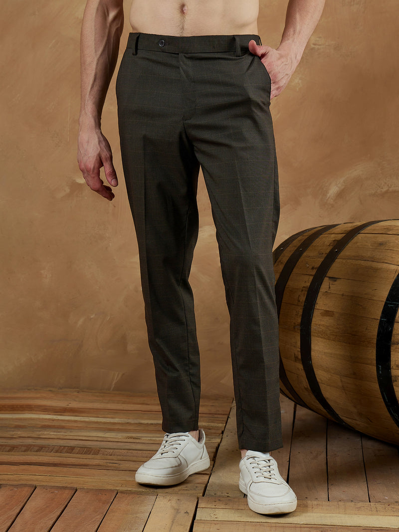 Brown: Checkered Self design Trouser