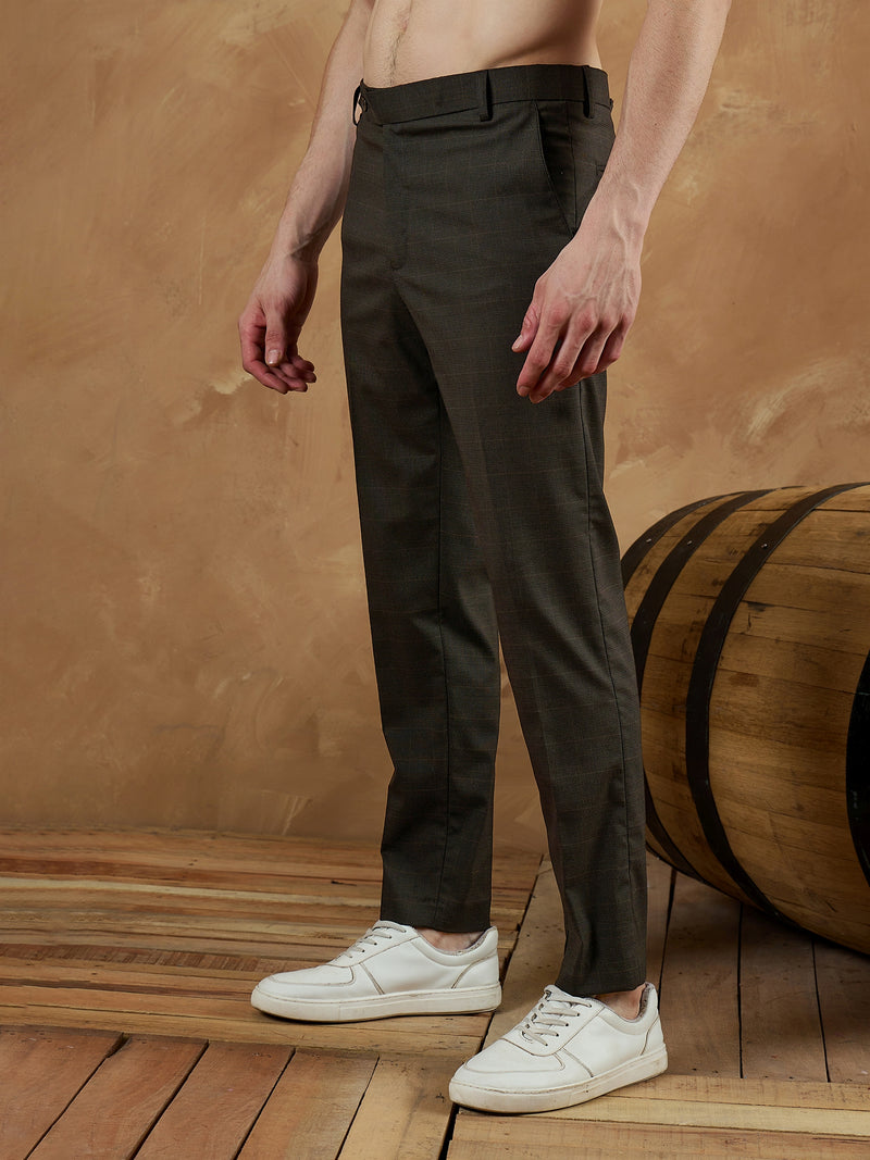 Brown: Checkered Self design Trouser