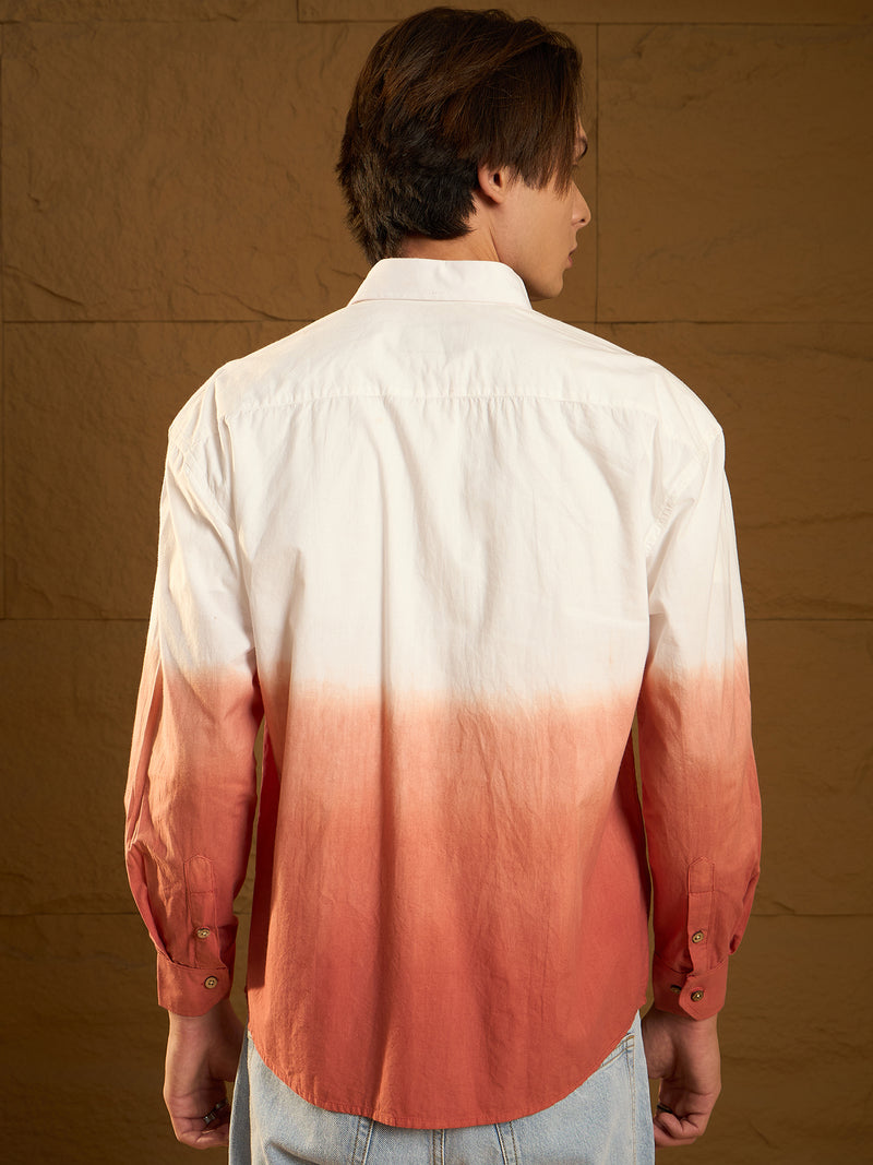 White and Orange: Full Sleeves Oversized Ombre Shirt