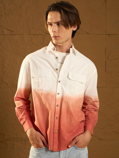 White and Orange: Full Sleeves Oversized Ombre Shirt