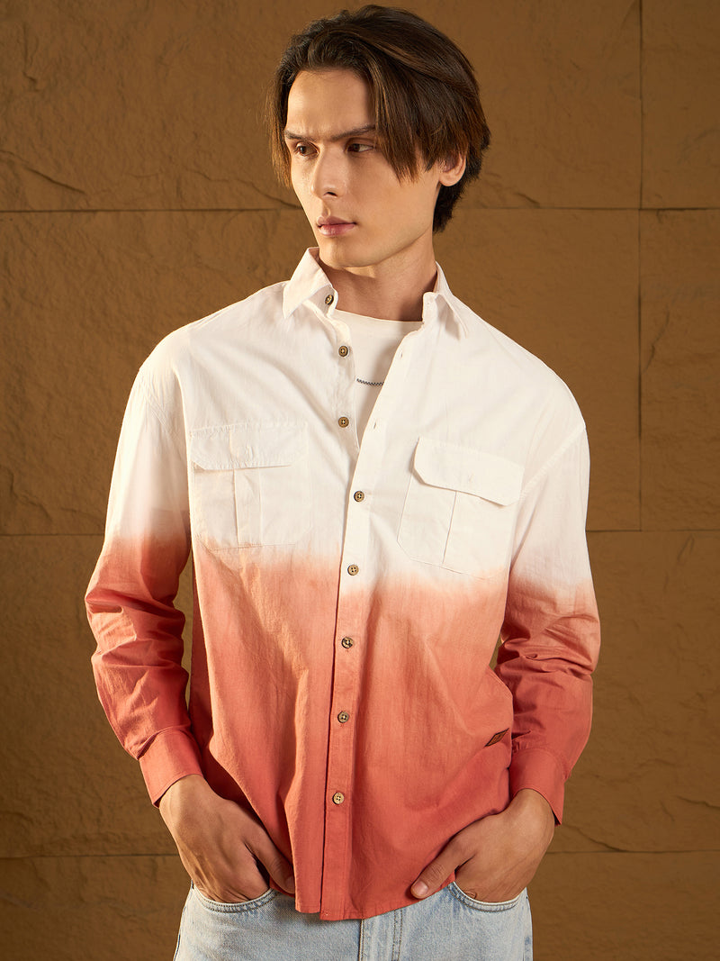 White and Orange: Full Sleeves Oversized Ombre Shirt