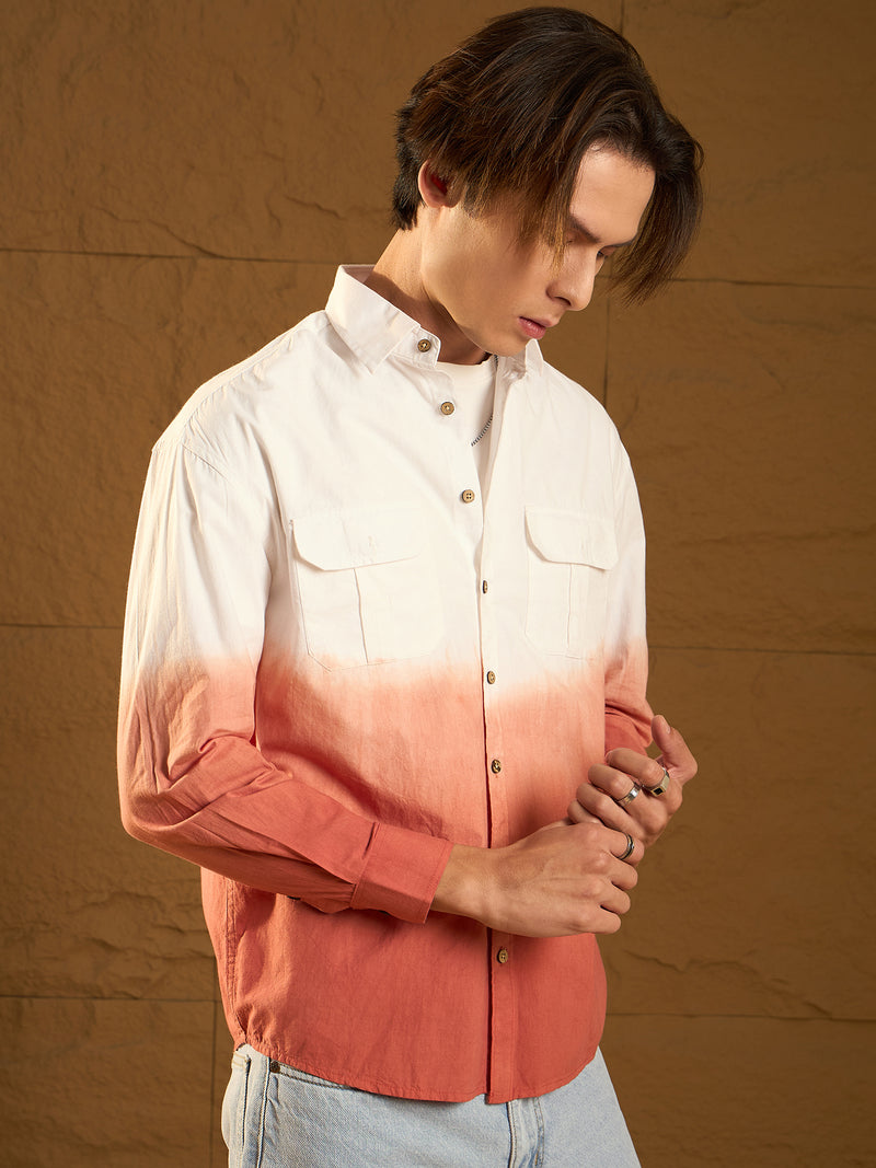 White and Orange: Full Sleeves Oversized Ombre Shirt