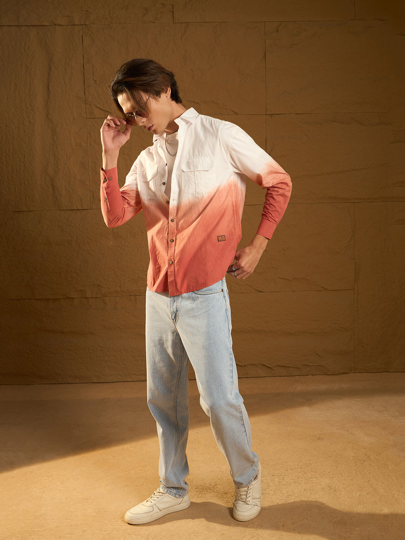 White and Orange: Full Sleeves Oversized Ombre Shirt
