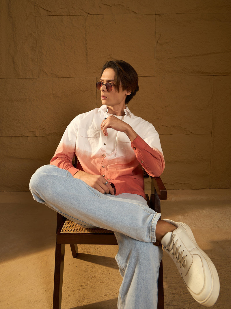 White and Orange: Full Sleeves Oversized Ombre Shirt