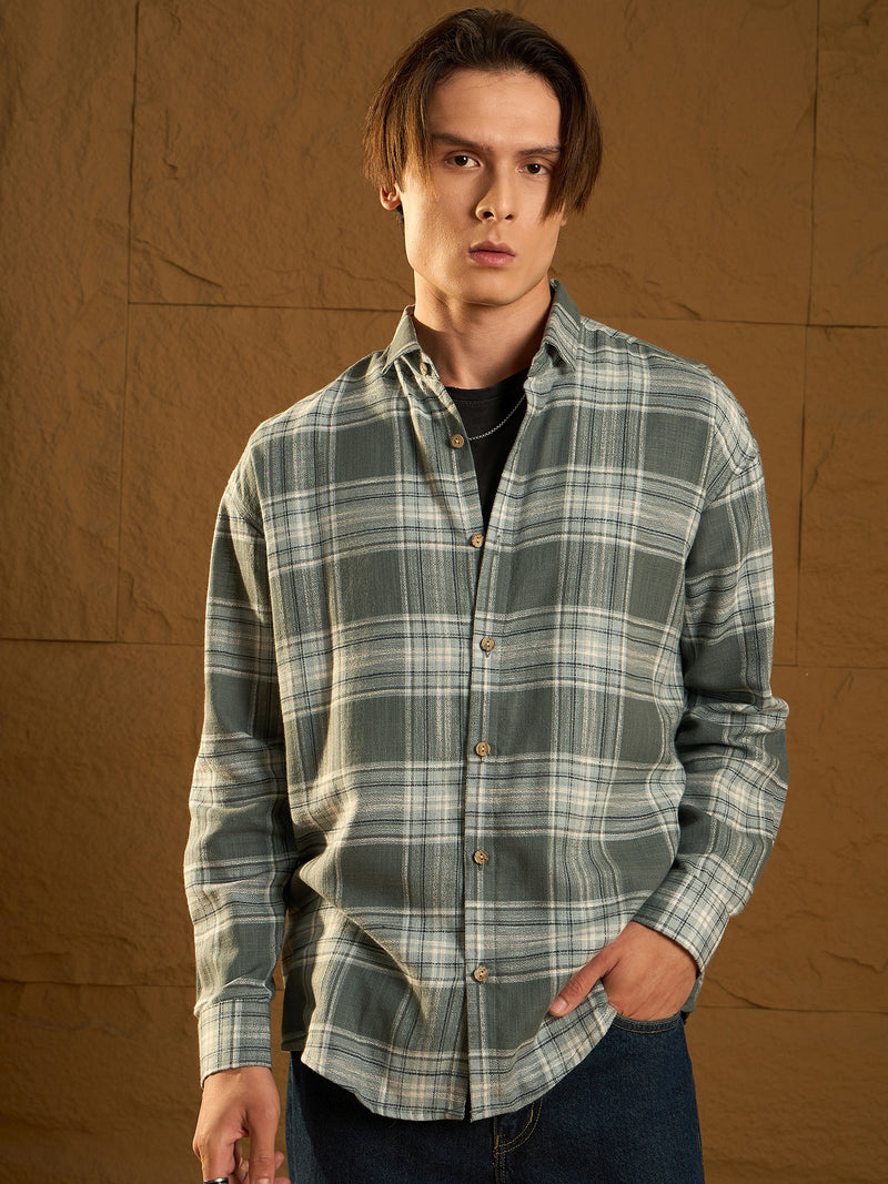 Green and White: Full Sleeves Checked Casual Shirt