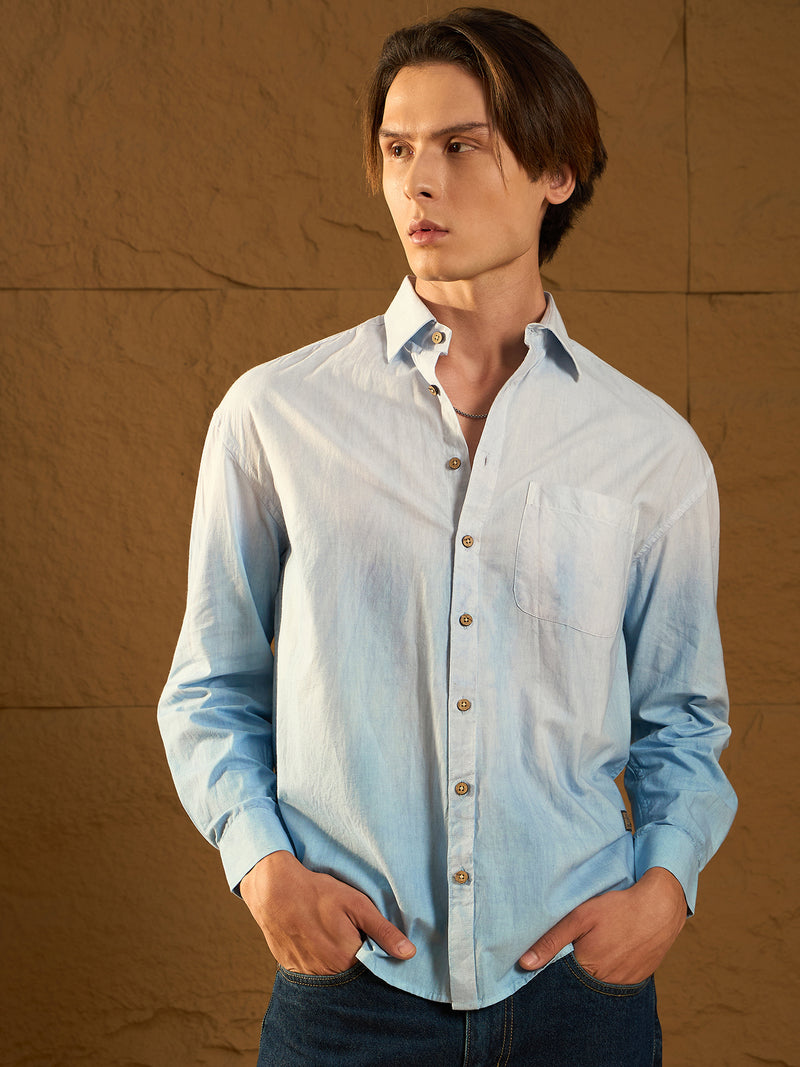 Light Blue: Full Sleeves Oversized Ombre Dyed Shirt