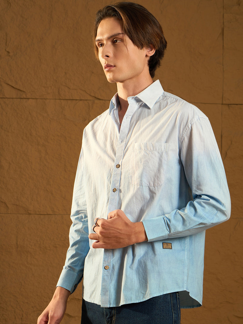 Light Blue: Full Sleeves Oversized Ombre Dyed Shirt