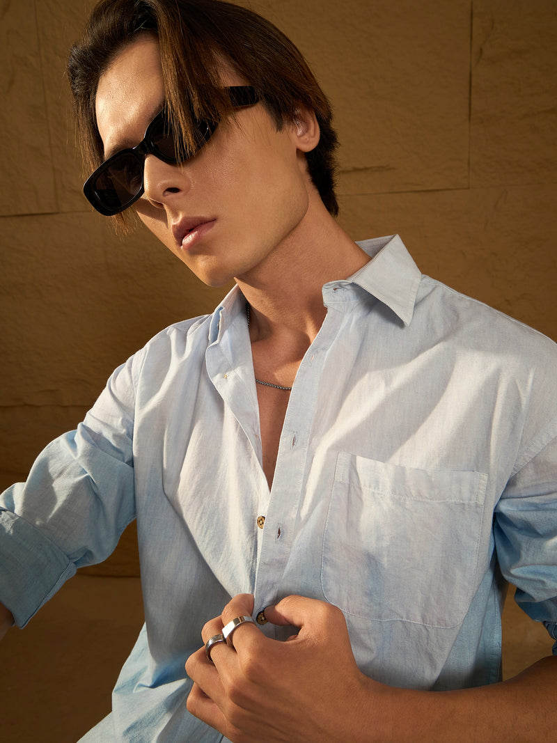 Light Blue: Full Sleeves Oversized Ombre Dyed Shirt