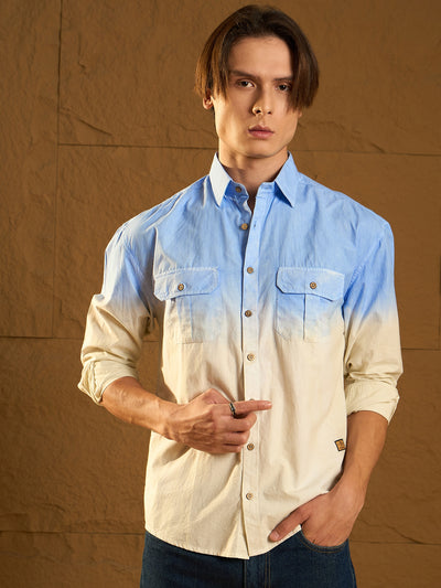 Sky Blue: Full Sleeves Oversized Ombre Dyed Shirt