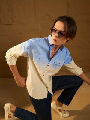 Sky Blue: Full Sleeves Oversized Ombre Dyed Shirt