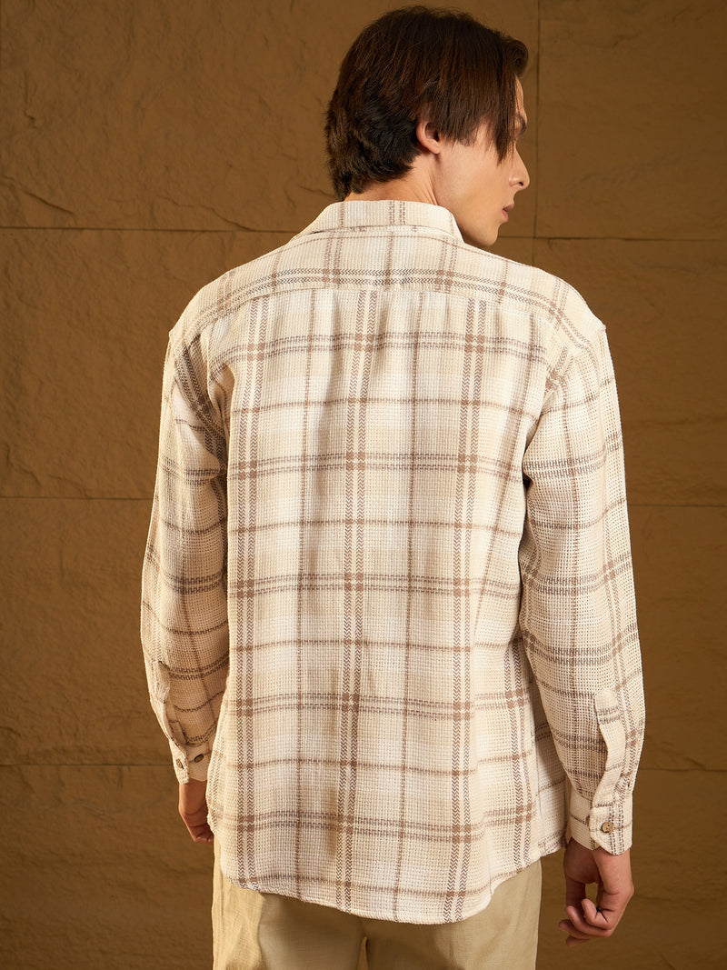 Light Brown: Full Sleeves Windowpane Checked Shirt